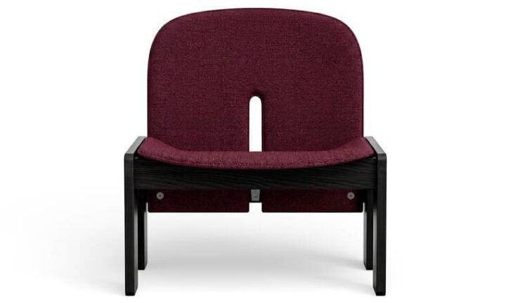 Scarpa 925 upholstered lounge chair in burgundy with sculptural wooden frame