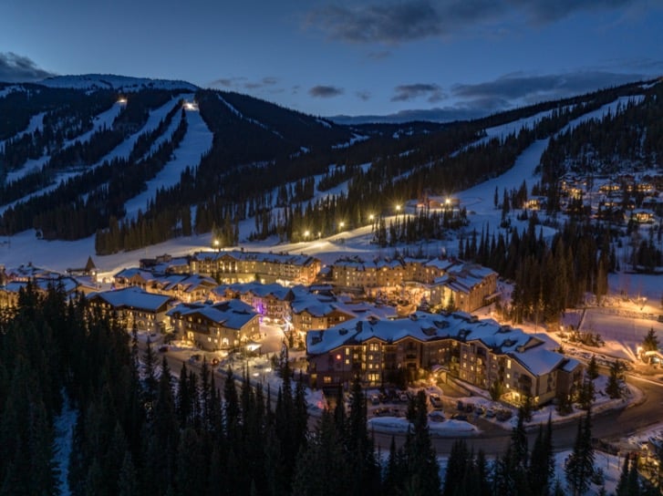 Snow-covered Sun Peaks Village with its European-inspired buildings