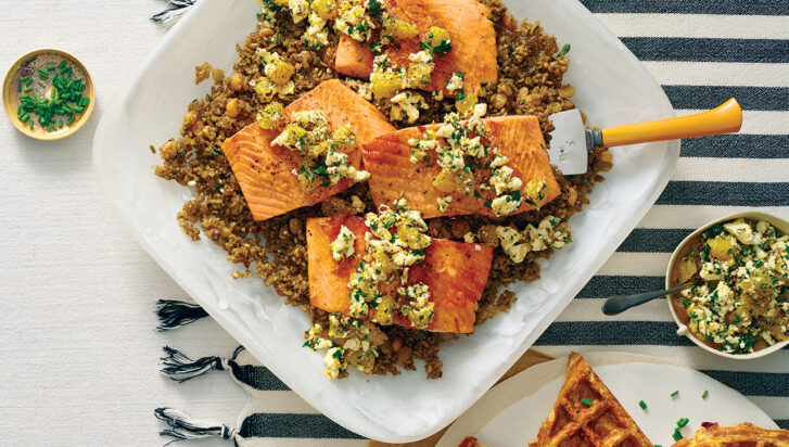 Spring Salmon Freekeh Skillet with Warm feta Citrus Relish