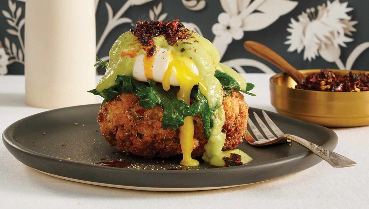 Crab Cake Eggs Benedict with Avocado “Hollandaise”