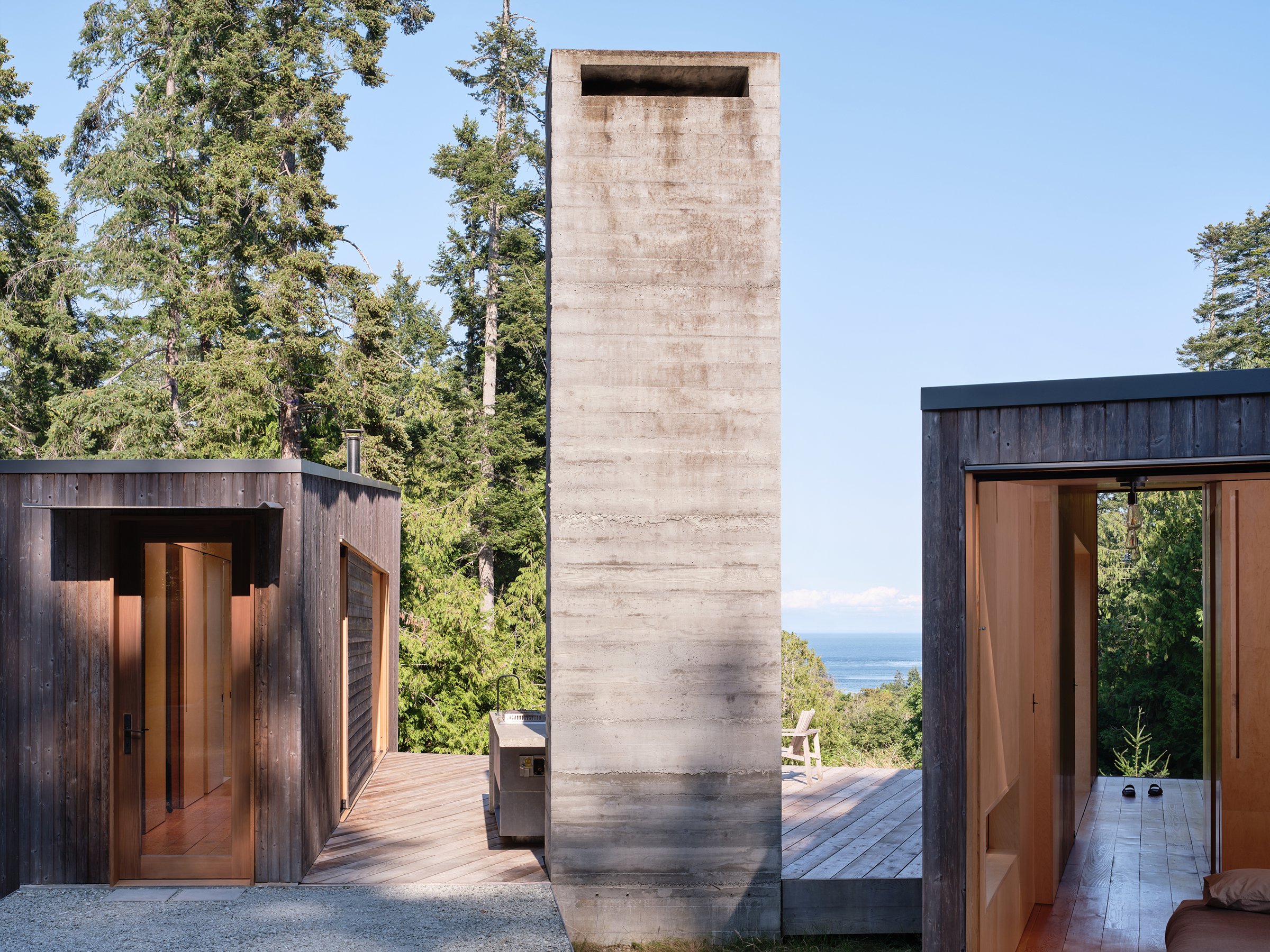 Countertop with Mount Baker views in the Cabin 1+1 open-air kitchen, Galiano Island