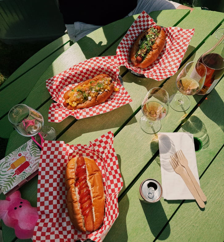 Gourmet hot dogs served with wine at JoieFarm Winery in Naramata