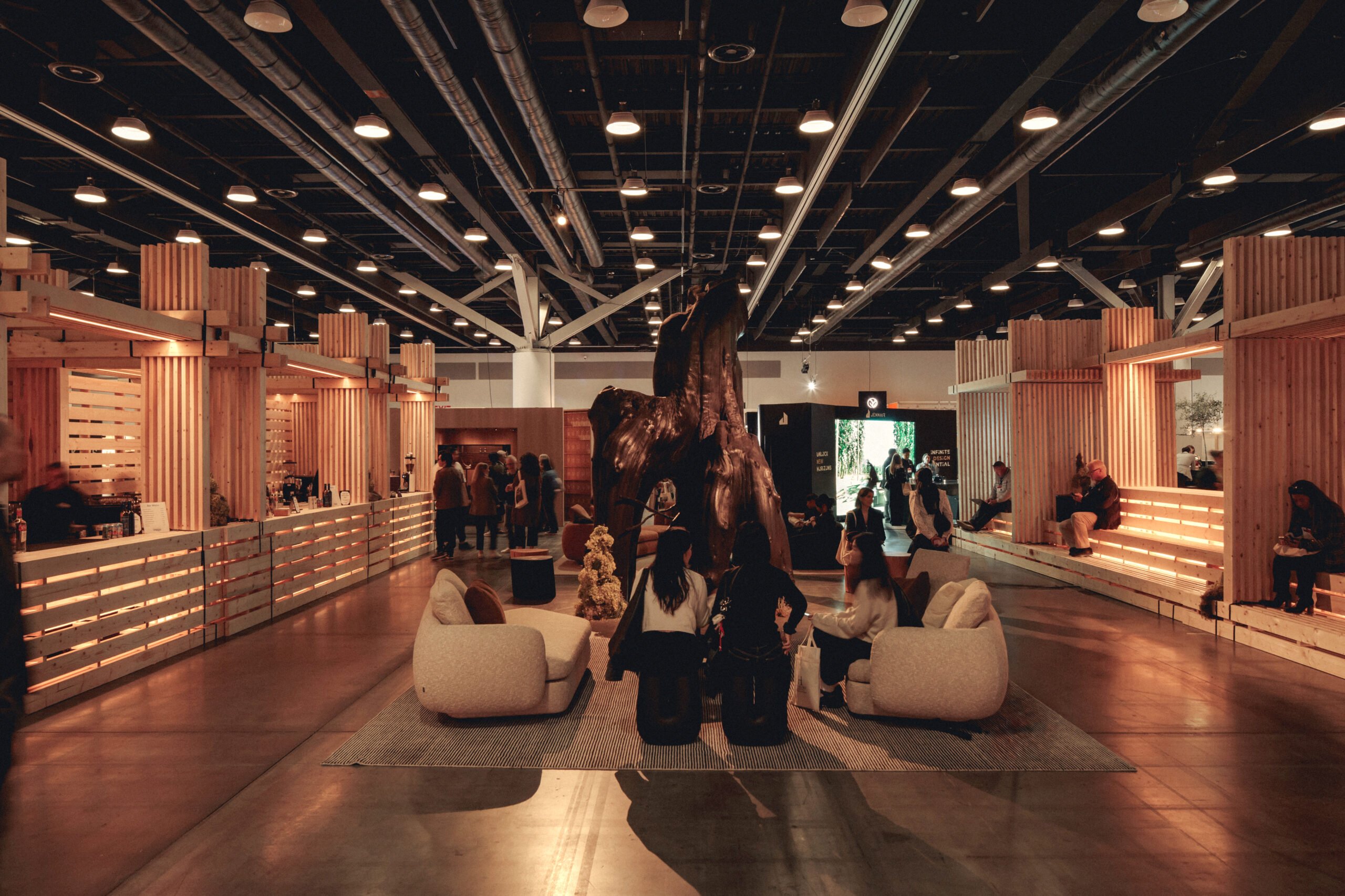 Stacked lumber held by ratchet straps in the In/tension installation by dHKarchitects