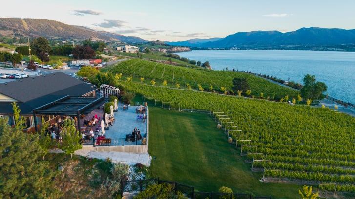 Vineyard and outdoor seating at Bench 1775 Winery on the Naramata Bench
