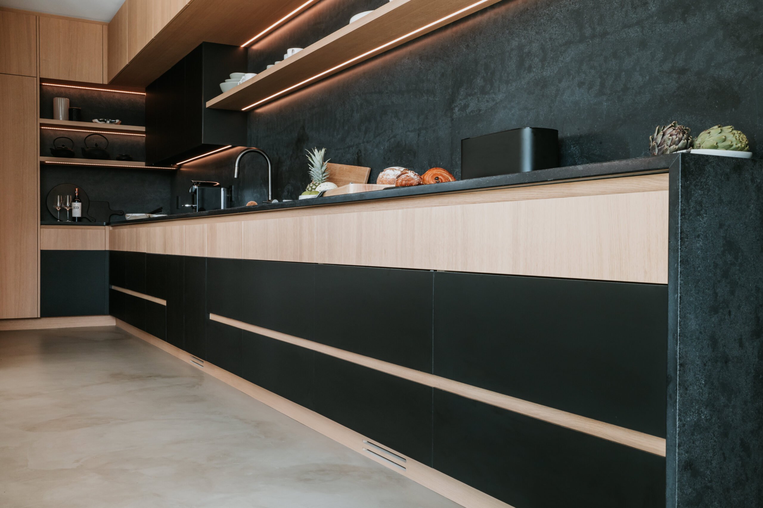 Floating shelf and clean lines in the Sunstone kitchen, Pemberton, B.C.
