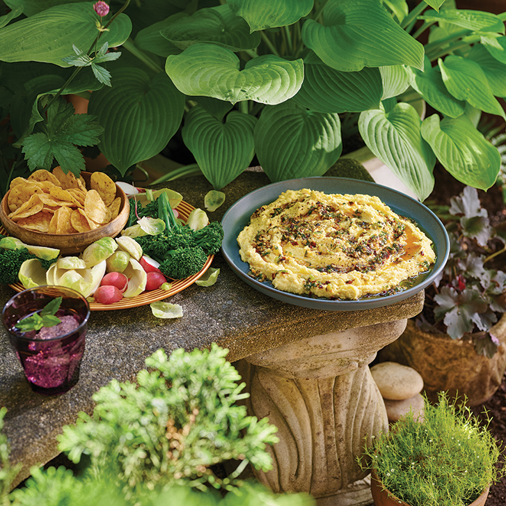 A bowl of creamy corn dip topped with chili oil sits on a stone ledge outdoors, surrounded by lush greenery. Beside the dip, a plate of fresh vegetables and chips is arranged for dipping. The vibrant scene features a relaxed, garden-like atmosphere with a mix of rustic and natural elements.