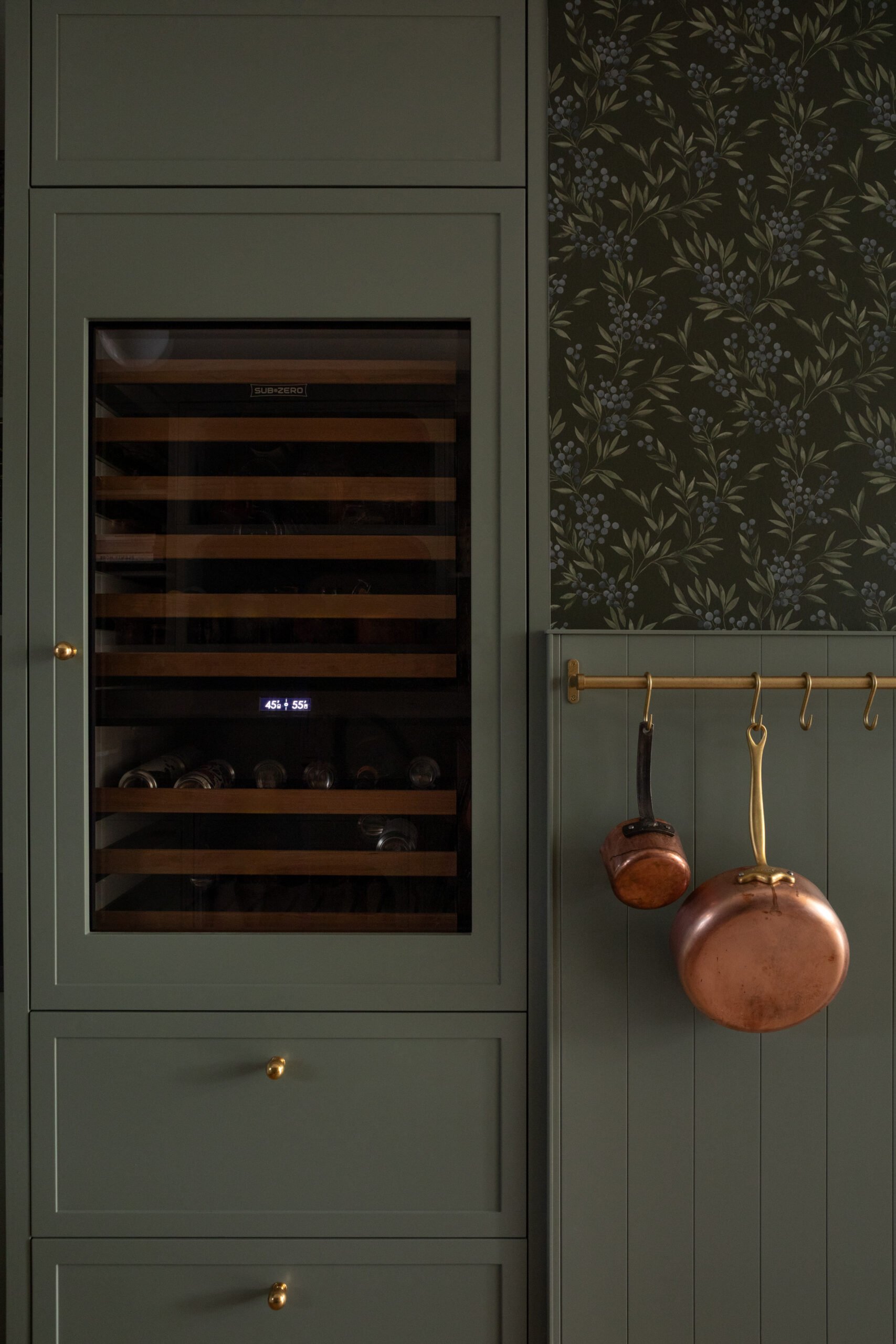 Botanical wallpaper and beadboard panelling in the Timeless pantry by Jessica Bremner Design