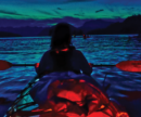 Stylized woman on a kayak from behind, on the water at night.