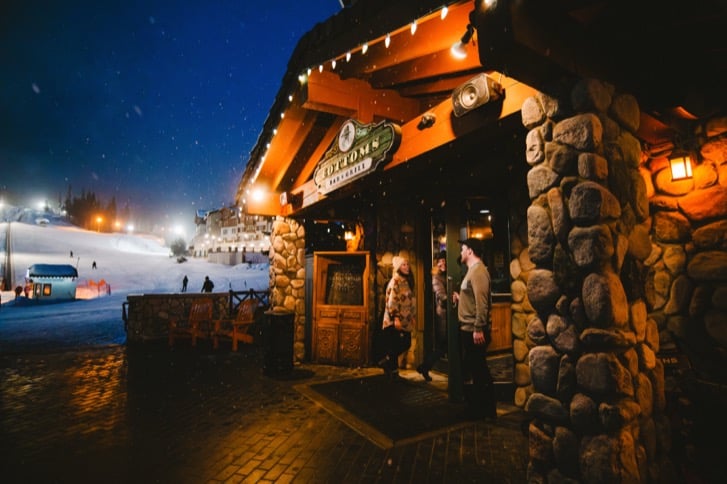 Bottoms Bar and Grill at Sun Peaks on a winter evening