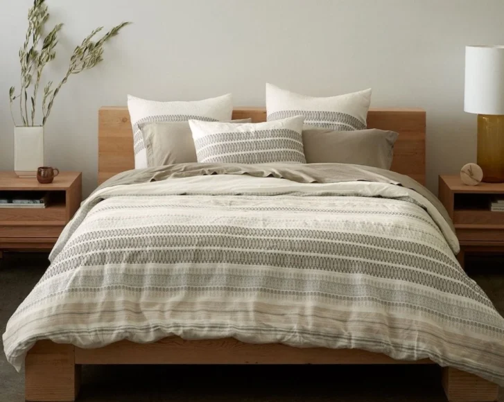 Lost Coast organic cotton duvet cover styled on a bed